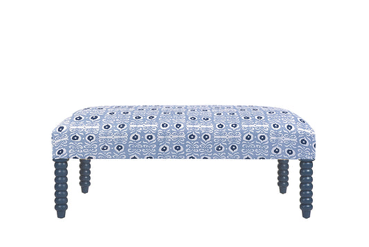 David Seyfried Bobbin Leg Stool in Rapture & Wright Iznik Mamluck Blue fabric with Farrow & Ball Hague Blue painted legs