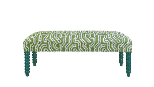 David Seyfried Bobbin Leg Stool in Rapture & Wright Moorish Maze Palm with Little Greene Goblin painted legs. Showroom Clearance.