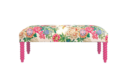 David Seyfried Bobbin Leg Stool in Sanderson Emperor Peony with Sanderson Wild Plum painted legs. Showroom Clearance.