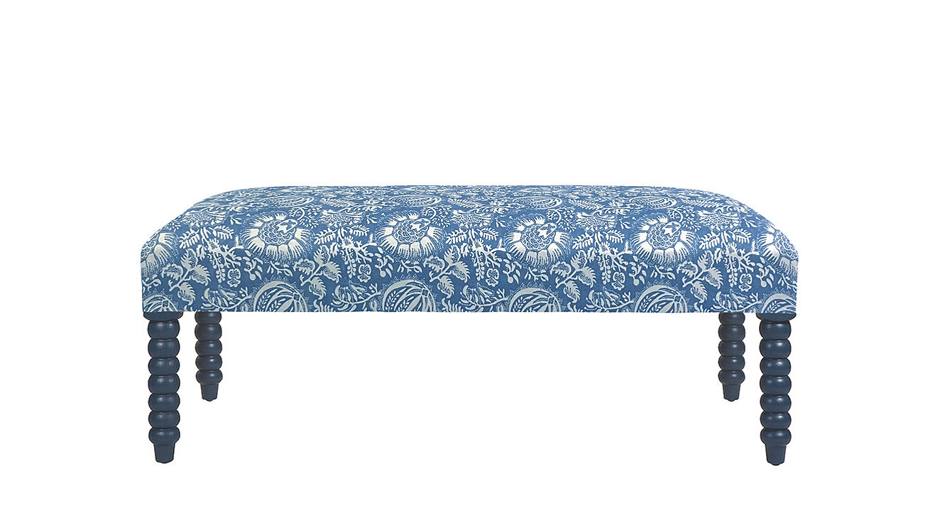 David Seyfried Bobbin Leg Stool in Schumacher Pomegranate Print Indigo with Farrow & Ball Hague Blue painted legs. Showroom Clearance.