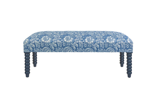 David Seyfried Bobbin Leg Stool in Schumacher Pomegranate Print Indigo with Farrow & Ball Hague Blue painted legs. Showroom Clearance.