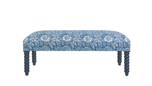David Seyfried Bobbin Leg Stool in Schumacher Pomegranate Print Indigo with Farrow & Ball Hague Blue painted legs. Showroom Clearance.