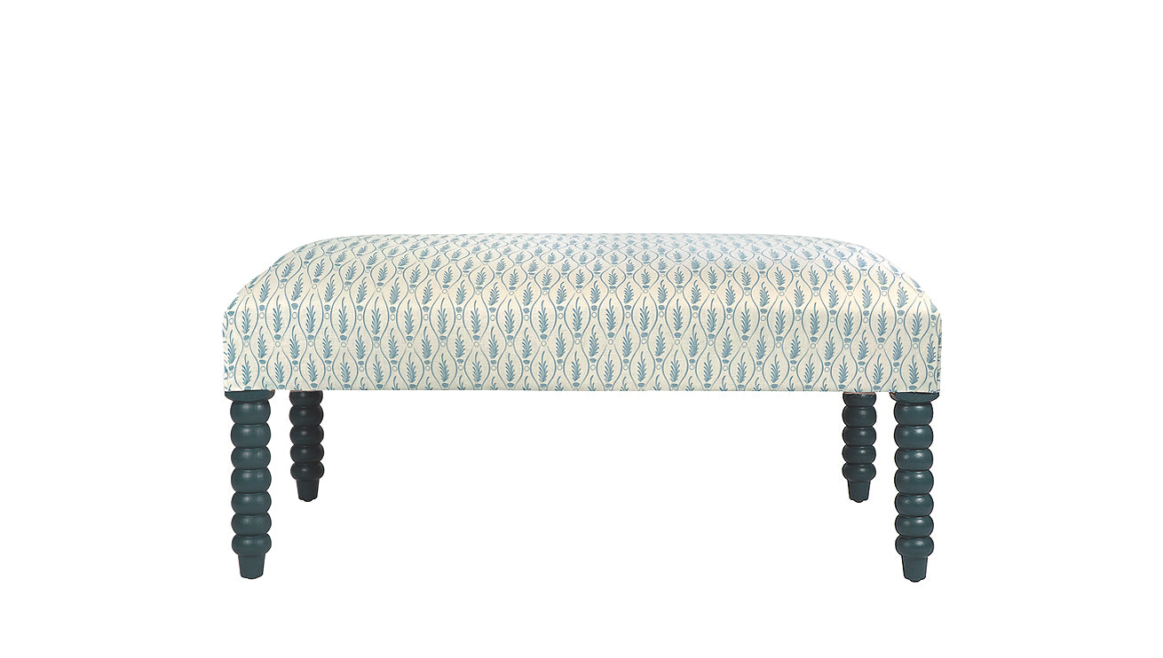 David Seyfried Bobbin Leg Stool in Soane Serpentine Fern Azure fabric with Farrow & Ball Inchyra Blue painted legs. Showroom Clearance