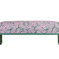 David Seyfried Bobbin Leg stool in Thibaut Maldives Lavender & Green fabric with Thibaut Beckett Tape trimming and Farrow & Ball Yeabridge Green painted legs