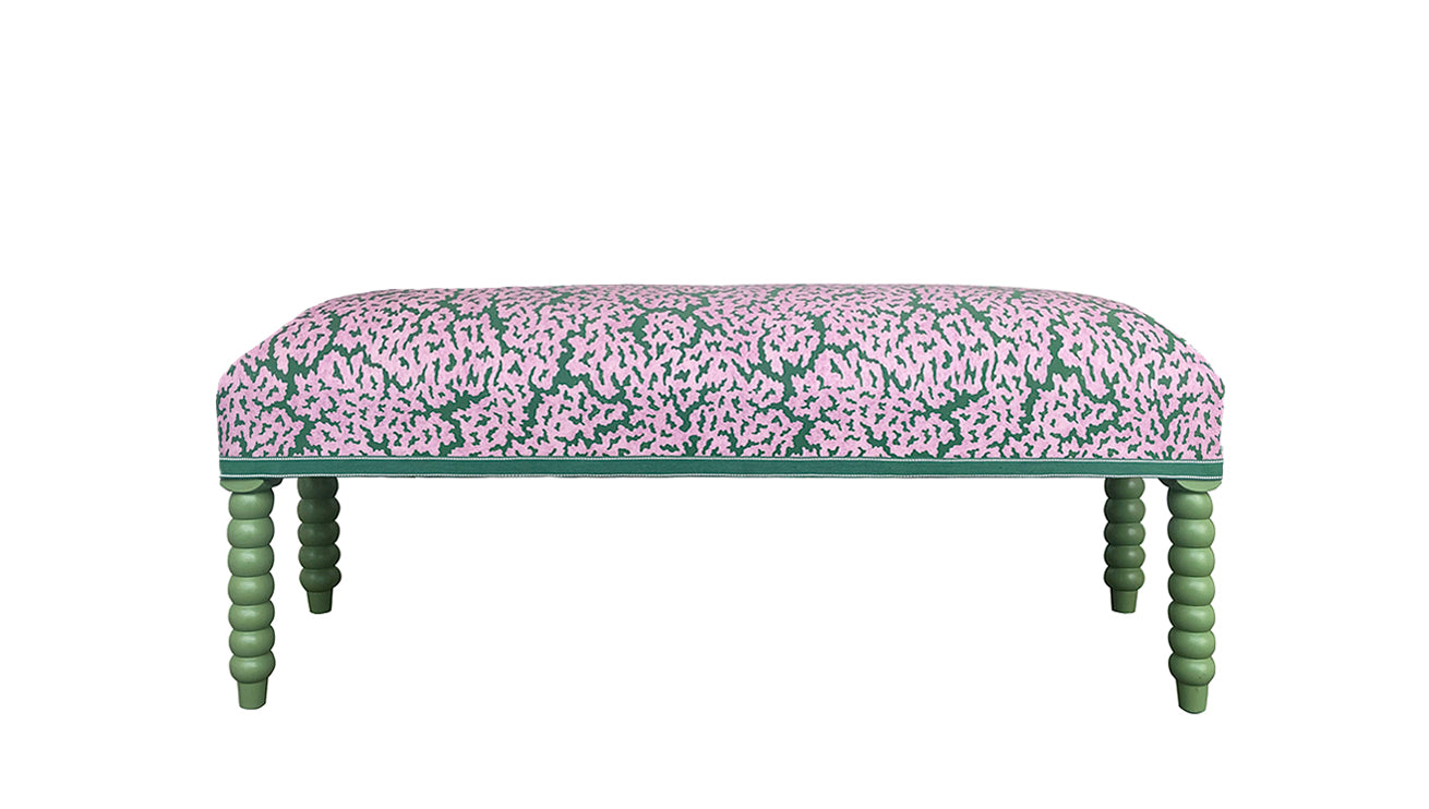 David Seyfried Bobbin Leg stool in Thibaut Maldives Lavender & Green fabric with Thibaut Beckett Tape trimming and Farrow & Ball Yeabridge Green painted legs
