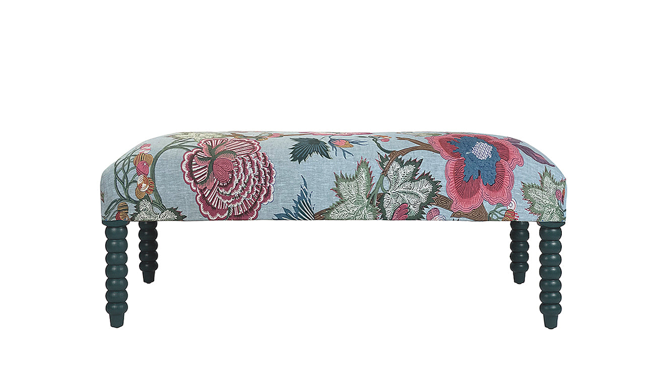 David Seyfried Bobbin Leg stool in Thibaut Indienne Jacobean Raspberry & Teal fabric 