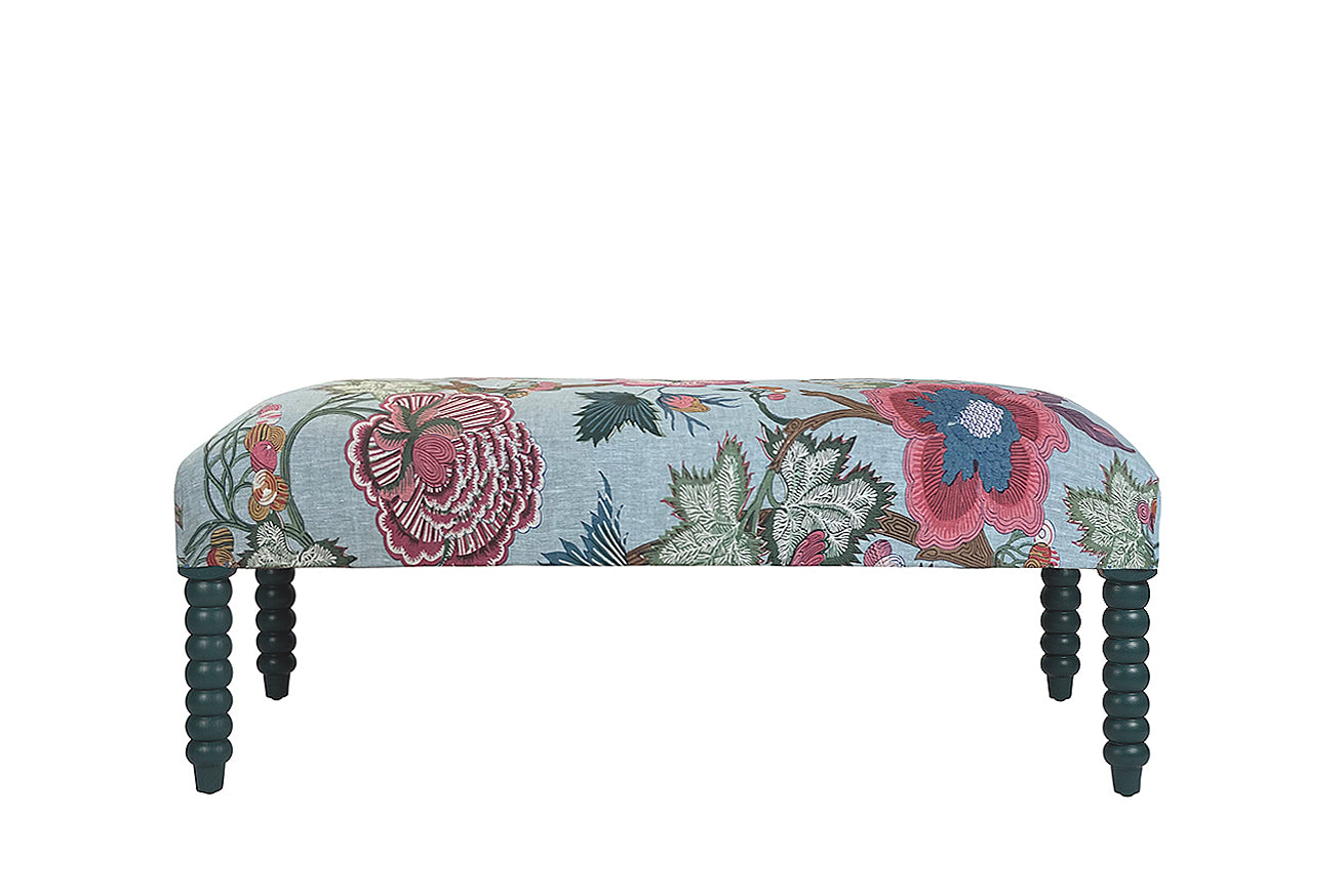 David Seyfried Bobbin Leg stool in Thibaut Indienne Jacobean Raspberry & Teal fabric