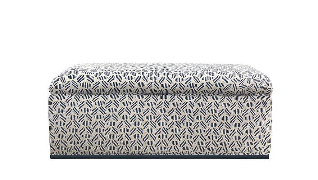 David Seyfried Box Ottoman on Frame Base in Bumble Bee Indigo fabric