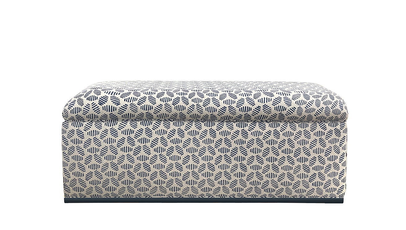David Seyfried Box Ottoman on Frame Base in Bumble Bee Indigo fabric