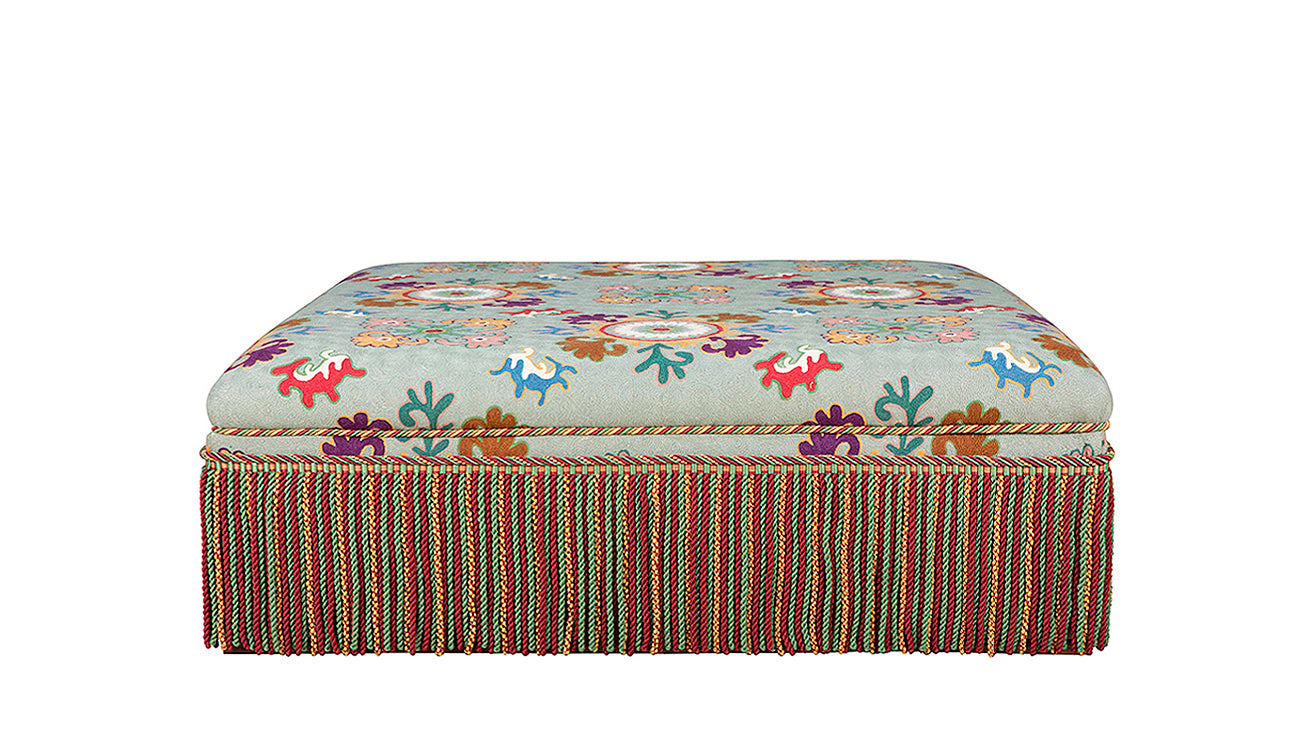 David Seyfried Box Ottoman on Frame Base with fringe