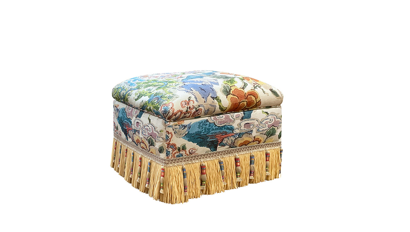 David Seyfried Box Stool on Frame Base in Jean Monro Amherst Handblock fabric