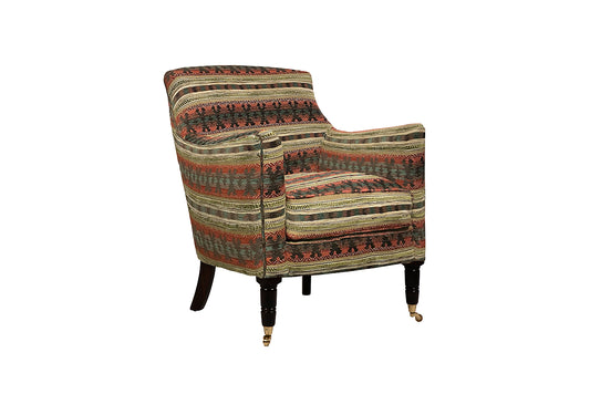 David Seyfried Cadogan Chair with Turned Leg in Colefax & Fowler Dorian Red/Teal fabric. Showroom Clearance  