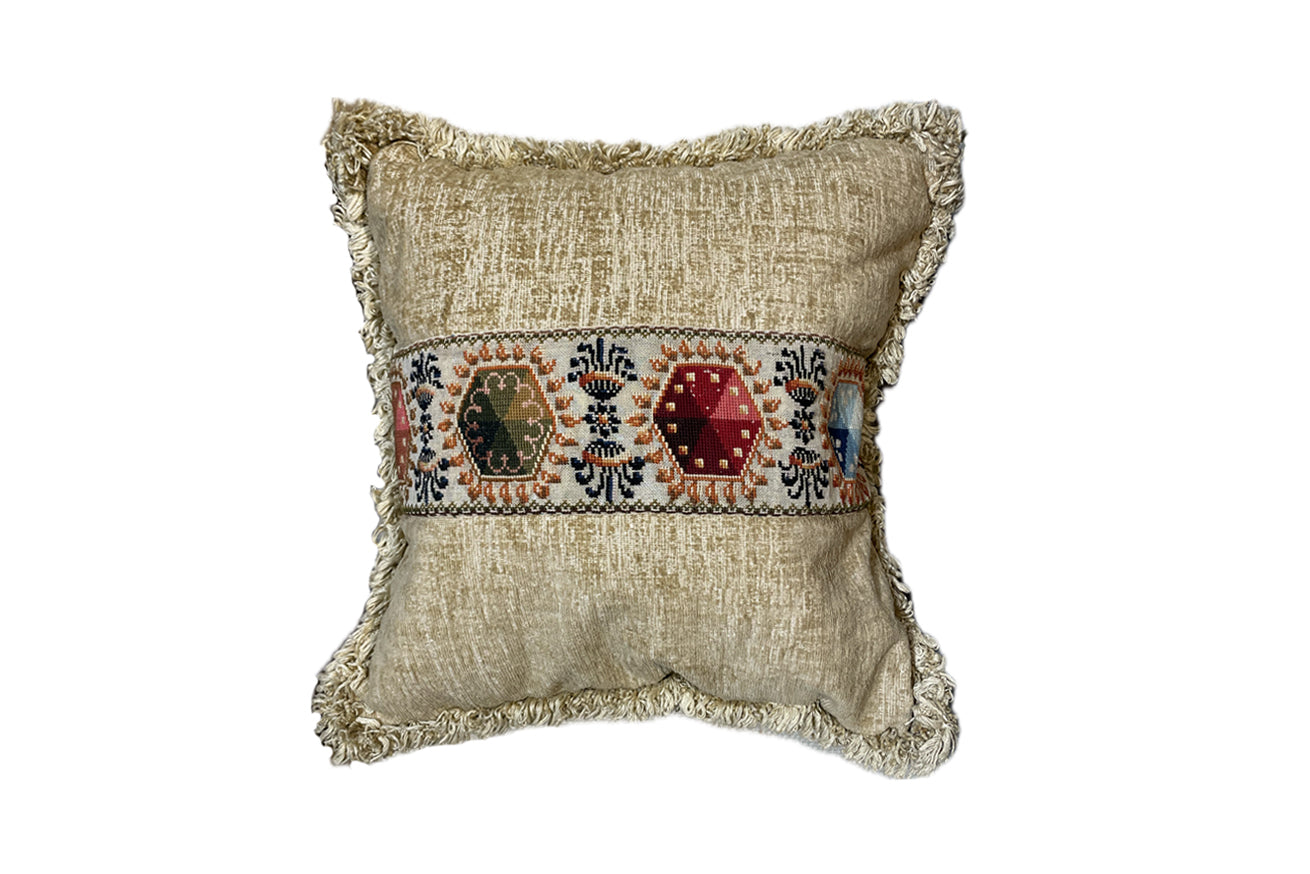 David Seyfried gold chenille cushion with upcyled tapestry fabric. 