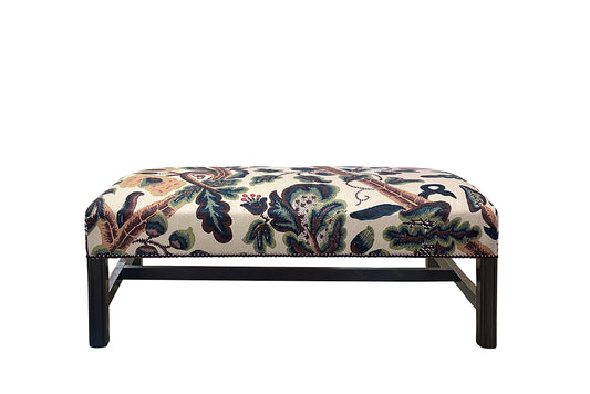 David Seyfried Chippendale Style Stool in  Claremont Tree of LIfe fabric with a single row of antiqued nails around base. Showroom Clearance.