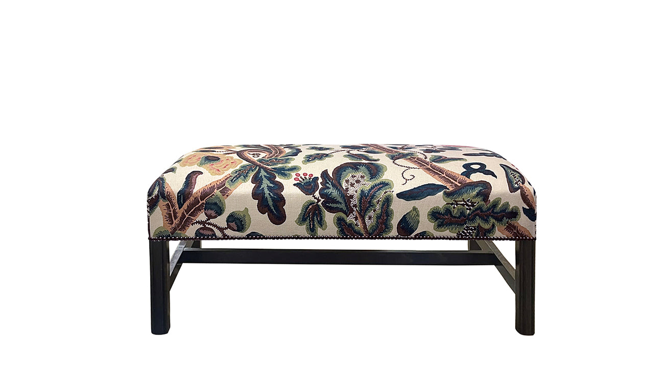 David Seyfried Chippendale Style Stool in  Claremont Tree of LIfe fabric with a single row of antiqued nails around base.