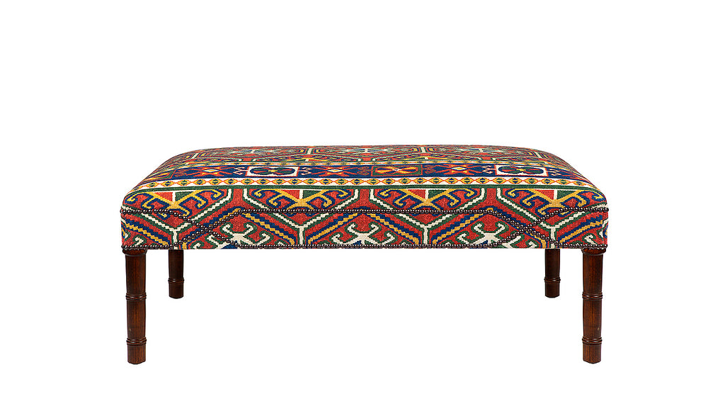 David Seyfried Connaught Stool in Design Archives Qarshi Marrakesh Red fabric with crossover nailing