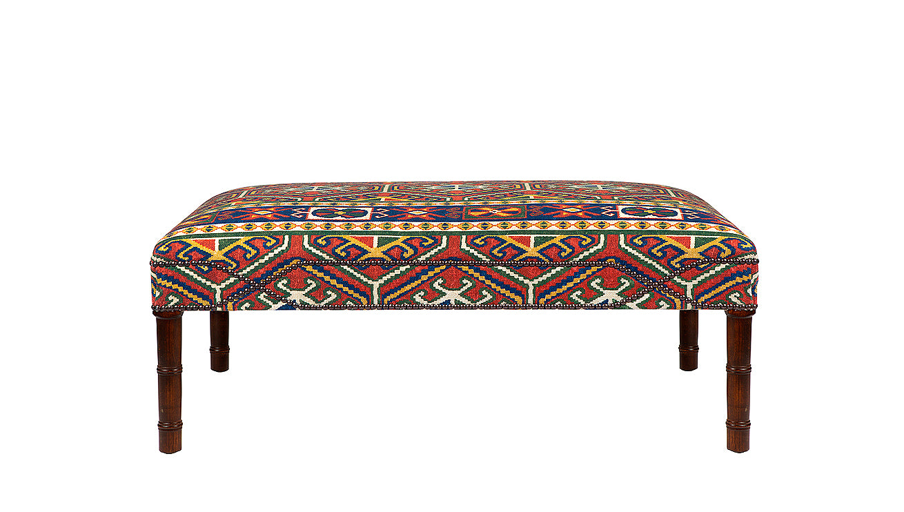 David Seyfried Connaught Stool in Design Archives Qarshi Marrakesh Red fabric with crossover nailing