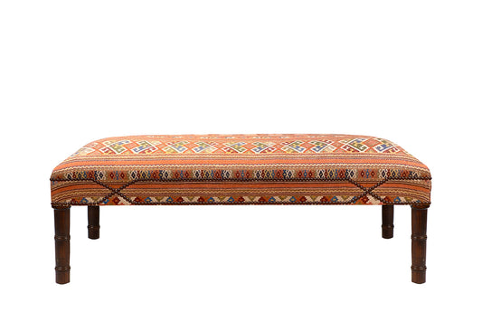 David Seyfried Connaught Stool in Ian Sanderson Juni Stripe Terracotta fabric with antiqued brass crossover nailing 