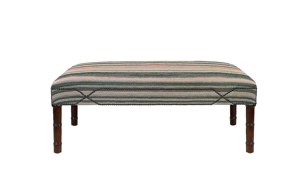 David Seyfried Connaught Stool in Ian Sanderson Patoli Stripe Moss Rose fabric with crossover nailing