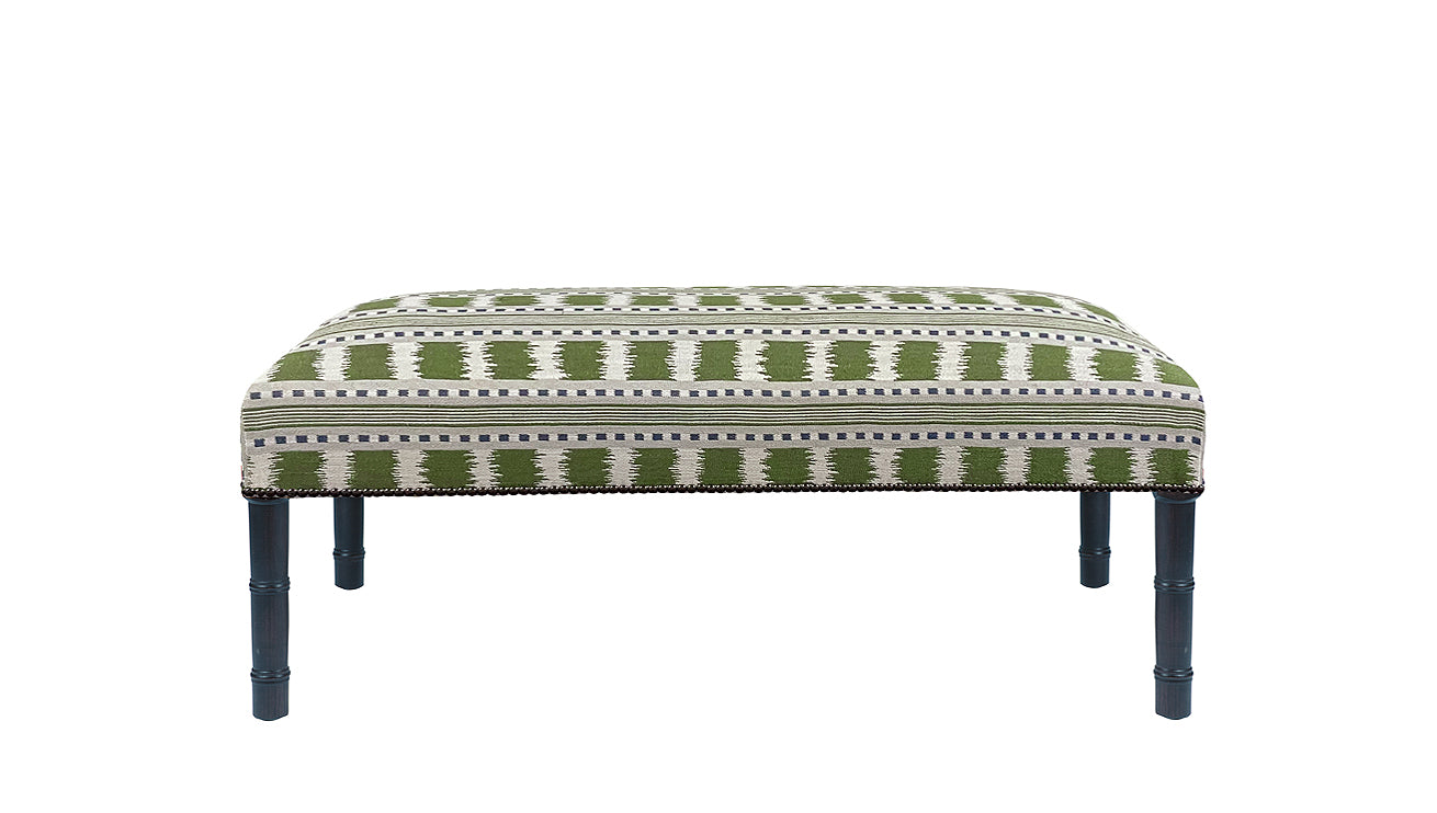 David Seyfried Connaught Stool in James Hare Paxton Blue/Green fabric with Farrow & Ball Hague Blue painted legs and a single row of antiqued nails around base. Showroom Clearance