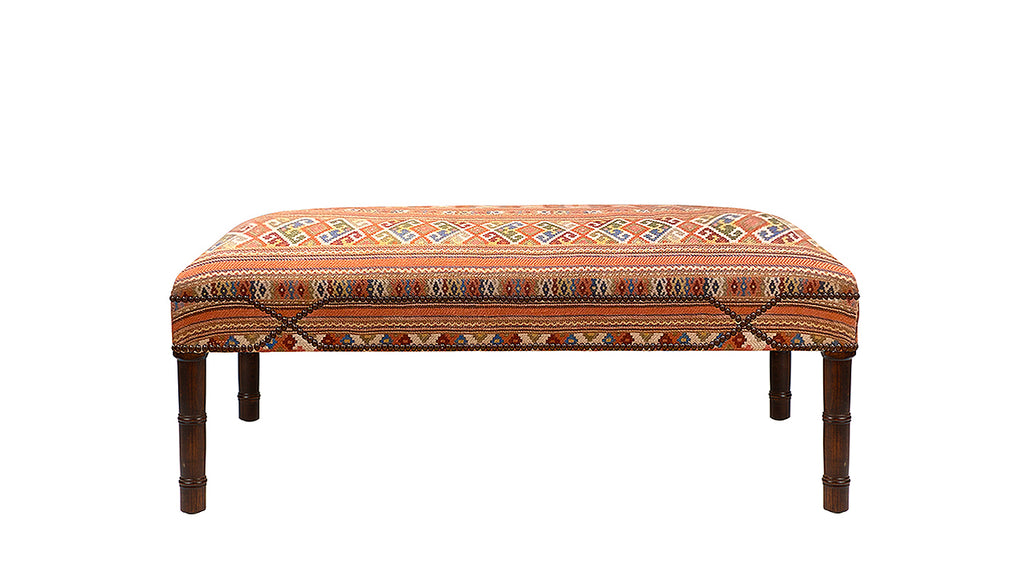 David Seyfried Connaught Stool in Ian Sanderson Juni Stripe Terracotta fabric with antiqued brass crossover nailing