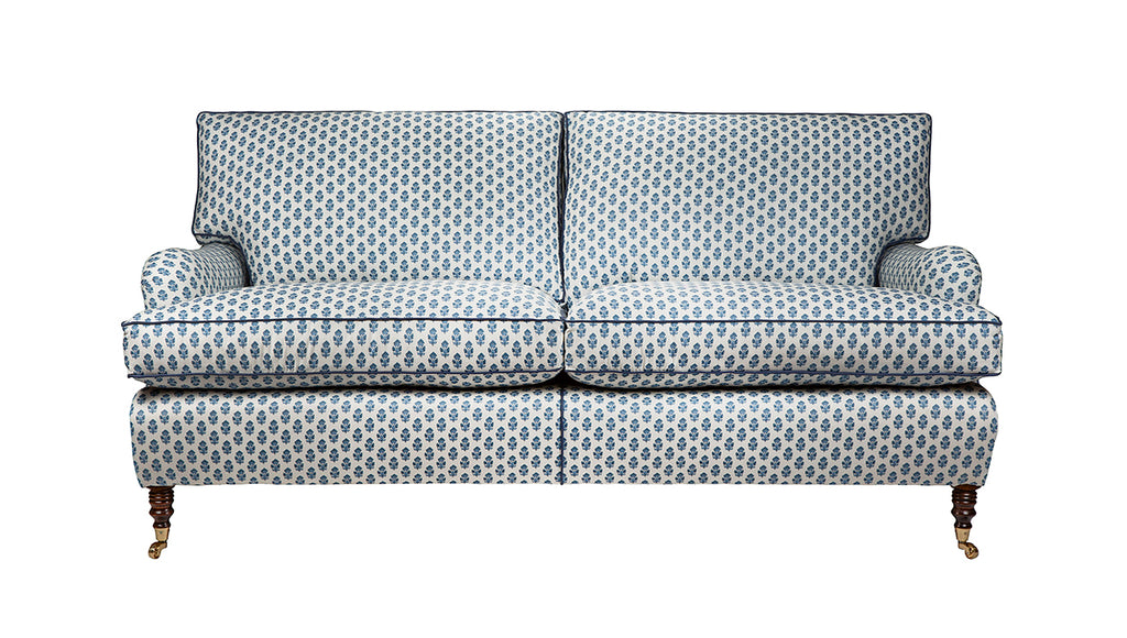David Seyfried Eaton Sofa in Anna French Julien Blue fabric with Samuel & Sons Julienne Piping in Imperial
