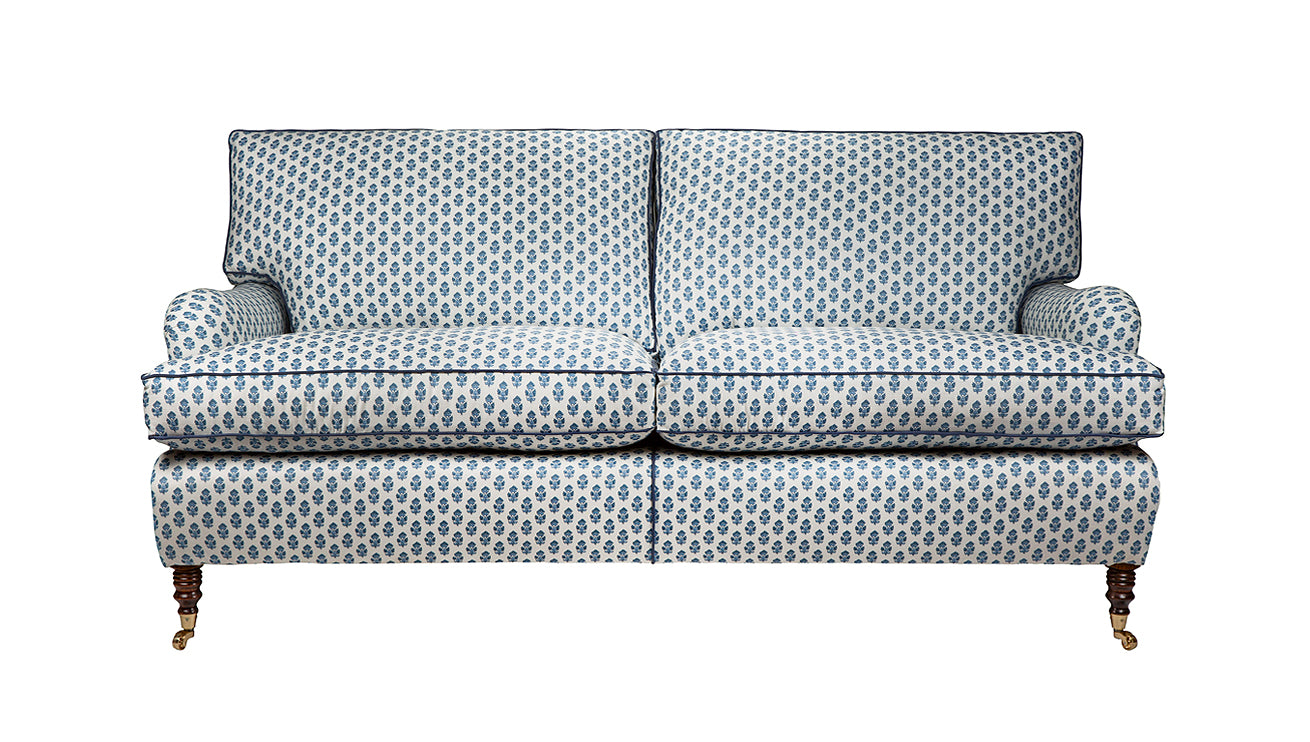 David Seyfried Eaton Sofa in Anna French Julien Blue fabric with Samuel & Sons Julienne Piping in Imperial