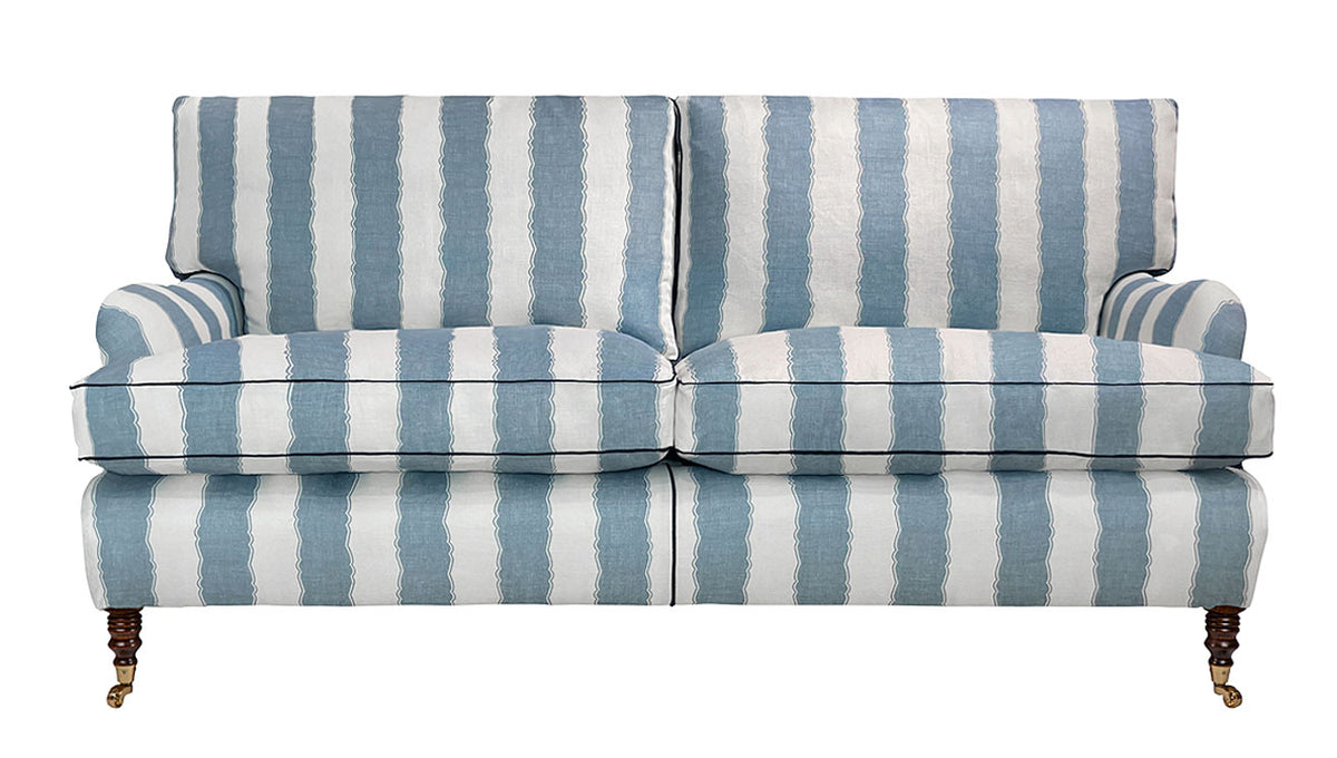 David Seyfried Eaton 2.5 Seater Sofa in  Nicky Haslam Balcony Stripe Heavenly Blue fabric with Samuel & Sons French Grosgrain Navy contrast piping. Showroom Clearance 