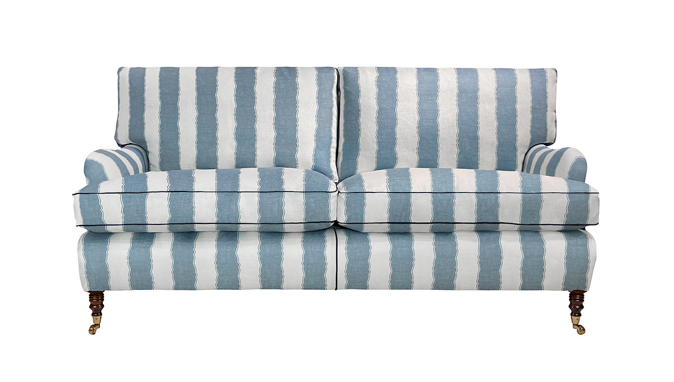 David Seyfried Eaton Sofa in Nicky Haslam Balcony Stripe Heavenly Blue fabric with Samuel & Sons French Grosgrain Navy contrast piping