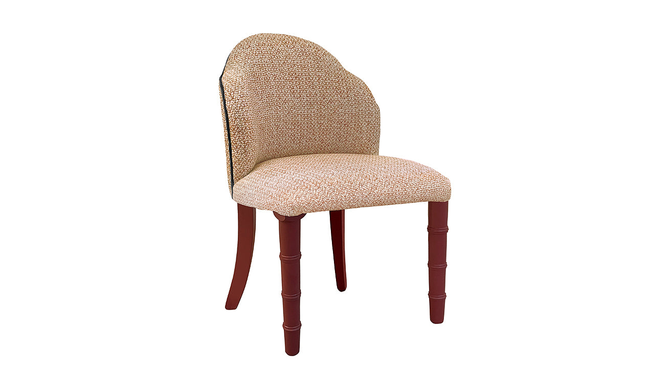 David Seyfried Editors Armless Dining Chair in James Hare Flori Glowing Embers fabric with Manuel Canovas Rivoli Suage velvet piping and Farrow & Ball Eating Room Red painted legs