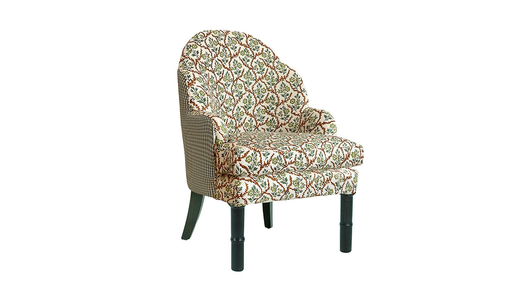 David Seyfried The Editor's Chair  in Namay Samay Alga Chestnut and Fleurons d'Helene Quadratino Sea Holly fabrics with Paint & Paper Library Stable Green painted Bamboo Style leg