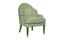 David Seyfried Editors Chair (Grand) in Sibyl Colefax & John Fowler Green Squiggle fabric Samuel & Sons Swiss Velvet Bottle Piping Cord with Little Greene Hopper painted legs