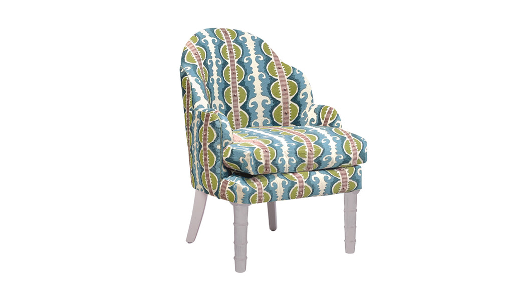 David Seyfried Editors Chair (Large) in Fabricut Stroheim Tenzin 01 fabric with Fabricut Cord contrast piping in Matcha and Farrow & Ball Peignoir painted legs