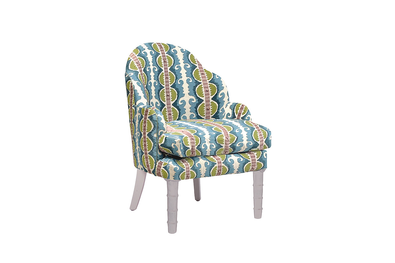 David Seyfried Editors Chair (Large) in Fabricut Stroheim Tenzin 01 fabric with Fabricut Cord contrast piping in Matcha and Farrow & Ball Peignoir painted legs