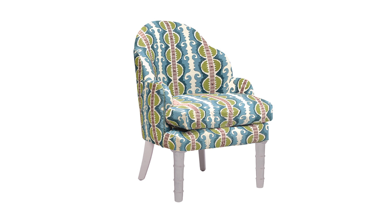 David Seyfried Editors Chair (Large) in Fabricut Stroheim Tenzin 01 fabric with Fabricut Cord contrast piping in Matcha and Farrow & Ball Peignoir painted legs