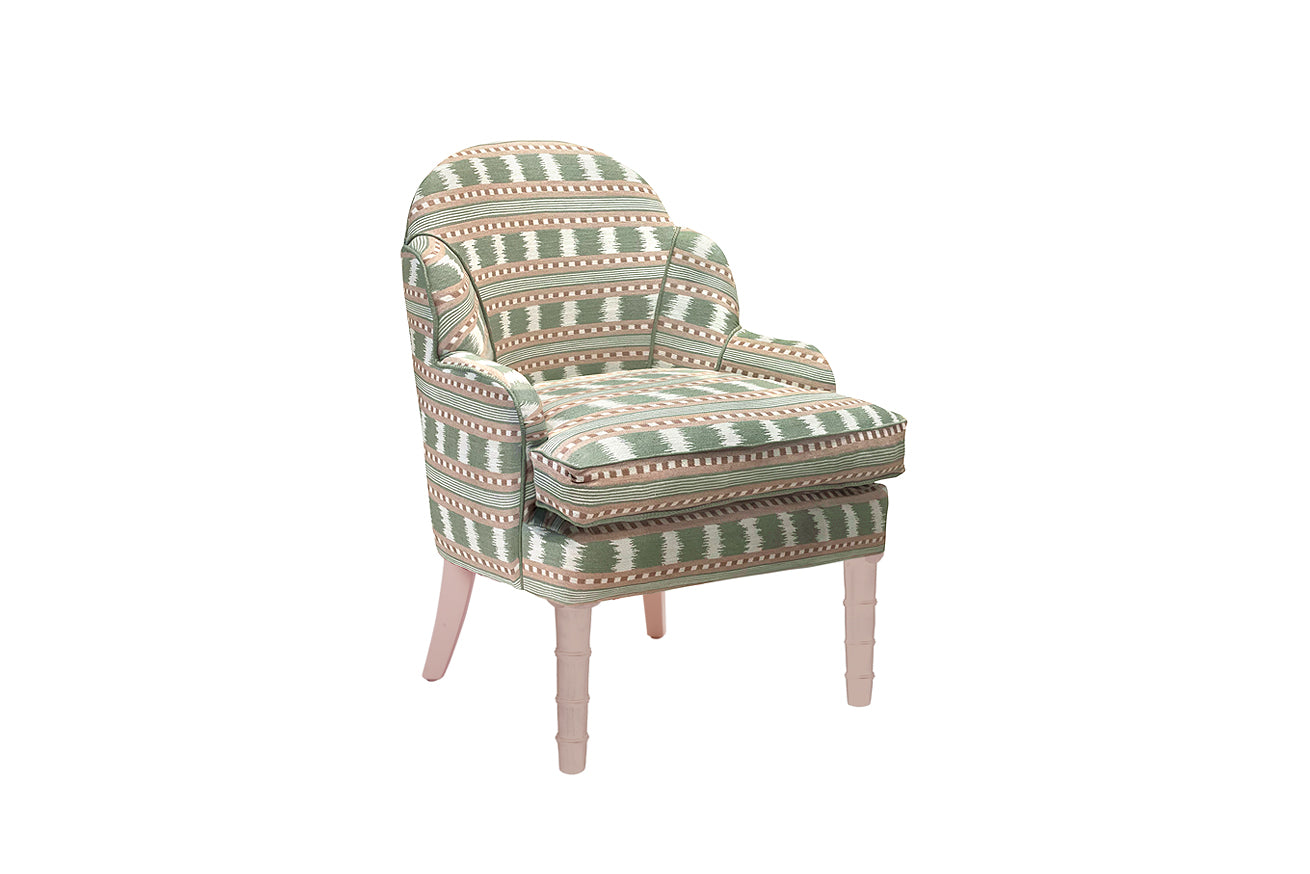 David Seyfried Editor's Scallop Chair in James Hare Paxton Pink/Green with  James Hare Hampton Old Green piping and Farrow & Ball Sulking Room Pink painted legs