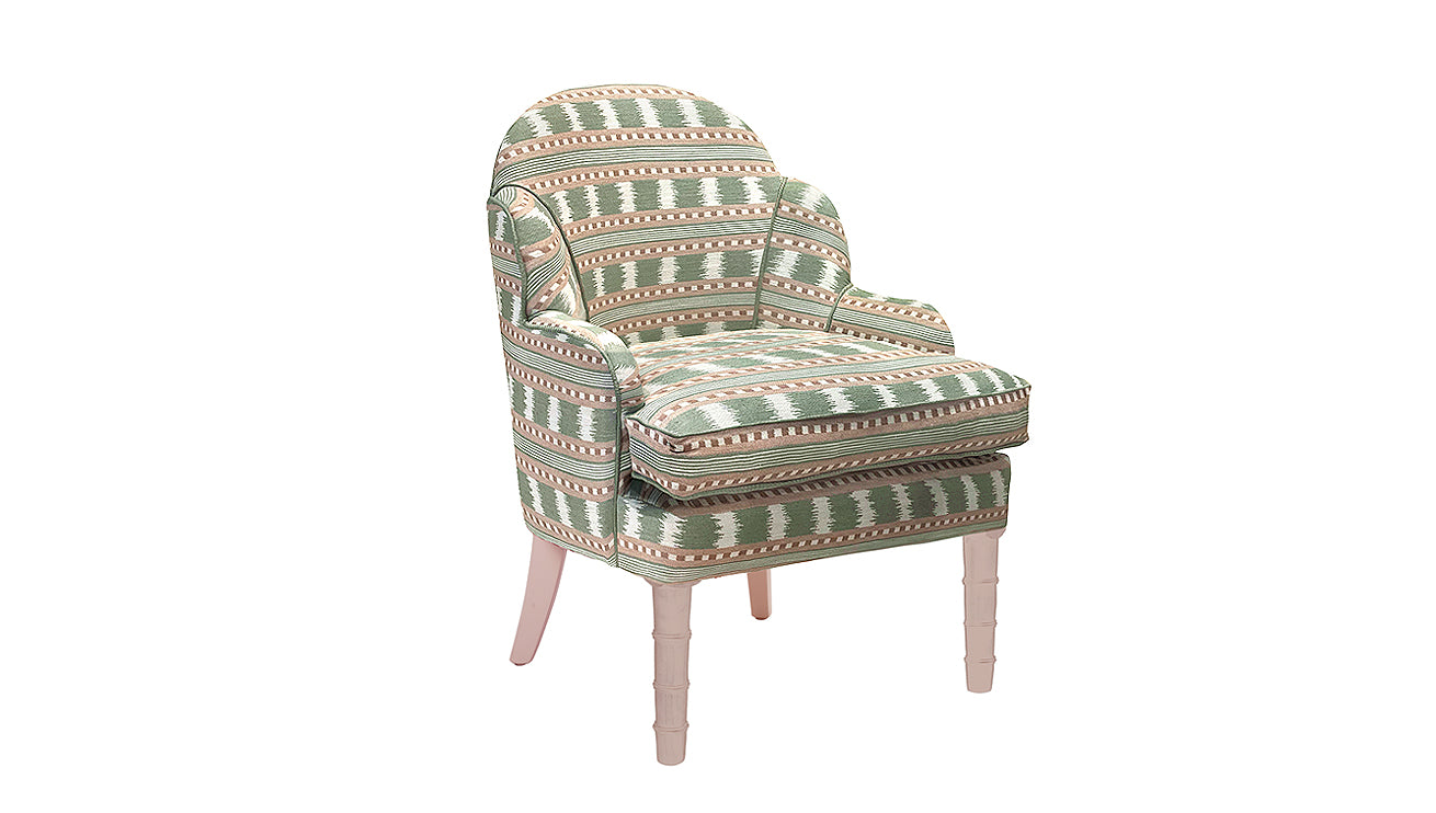 David Seyfried Editor's Scallop Chair in James Hare Paxton Pink/Green with  James Hare Hampton Old Green piping and Farrow & Ball Sulking Room Pink painted legs
