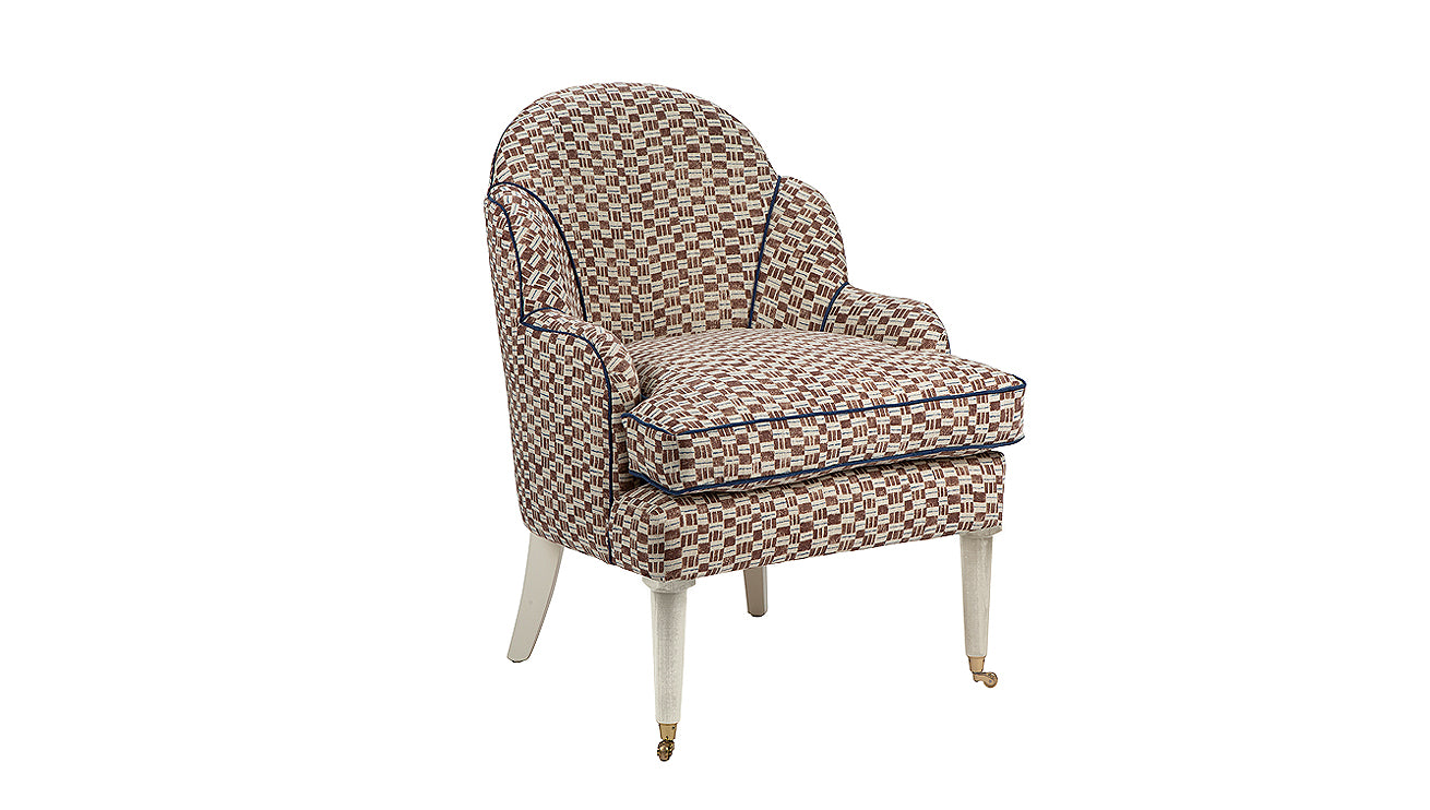 David Seyfried Editor's Scallop Chair In Mark Alexander Tama Sienna fabric with Linara Indigo piping & Farrow & Ball White Tie painted legs