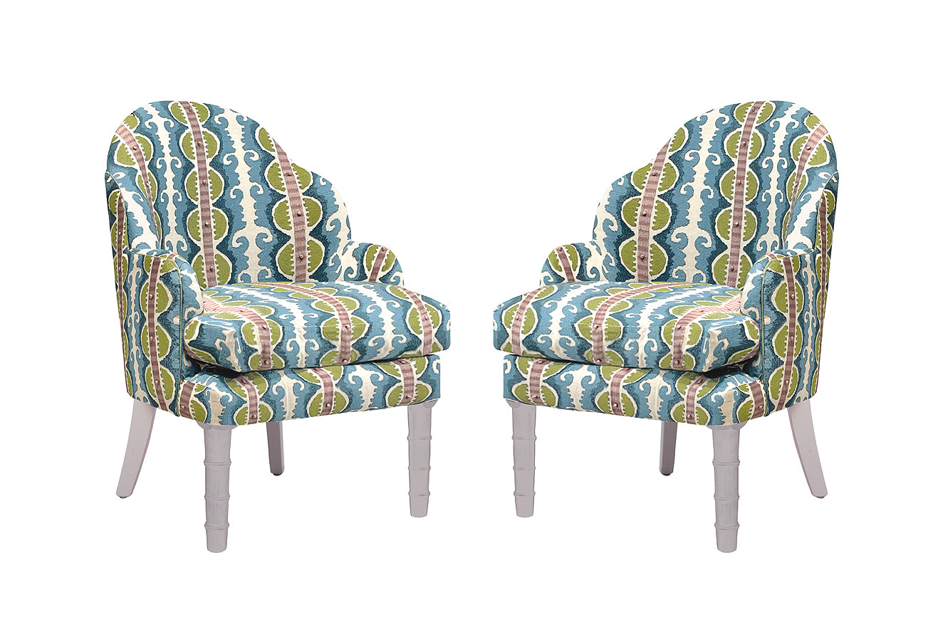 David Seyfried Editor's Chairs (Large) in Fabricut Stroheim Tenzin 01 fabric with Fabricut Cord contrast piping in Matcha and Farrow & Ball Peignoir painted legs. Showroom Clearance.