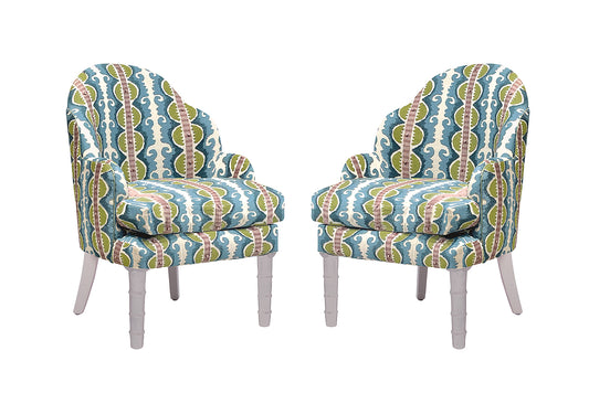 David Seyfried Editor's Chairs (Large) in Fabricut Stroheim Tenzin 01 fabric with Fabricut Cord contrast piping in Matcha and Farrow & Ball Peignoir painted legs. Showroom Clearance.