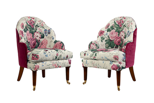 David Seyfried Editor's Chairs in Sanderson Stapleton Park Cream/Pink fabric and burgundy velvet. Showroom Clearance.