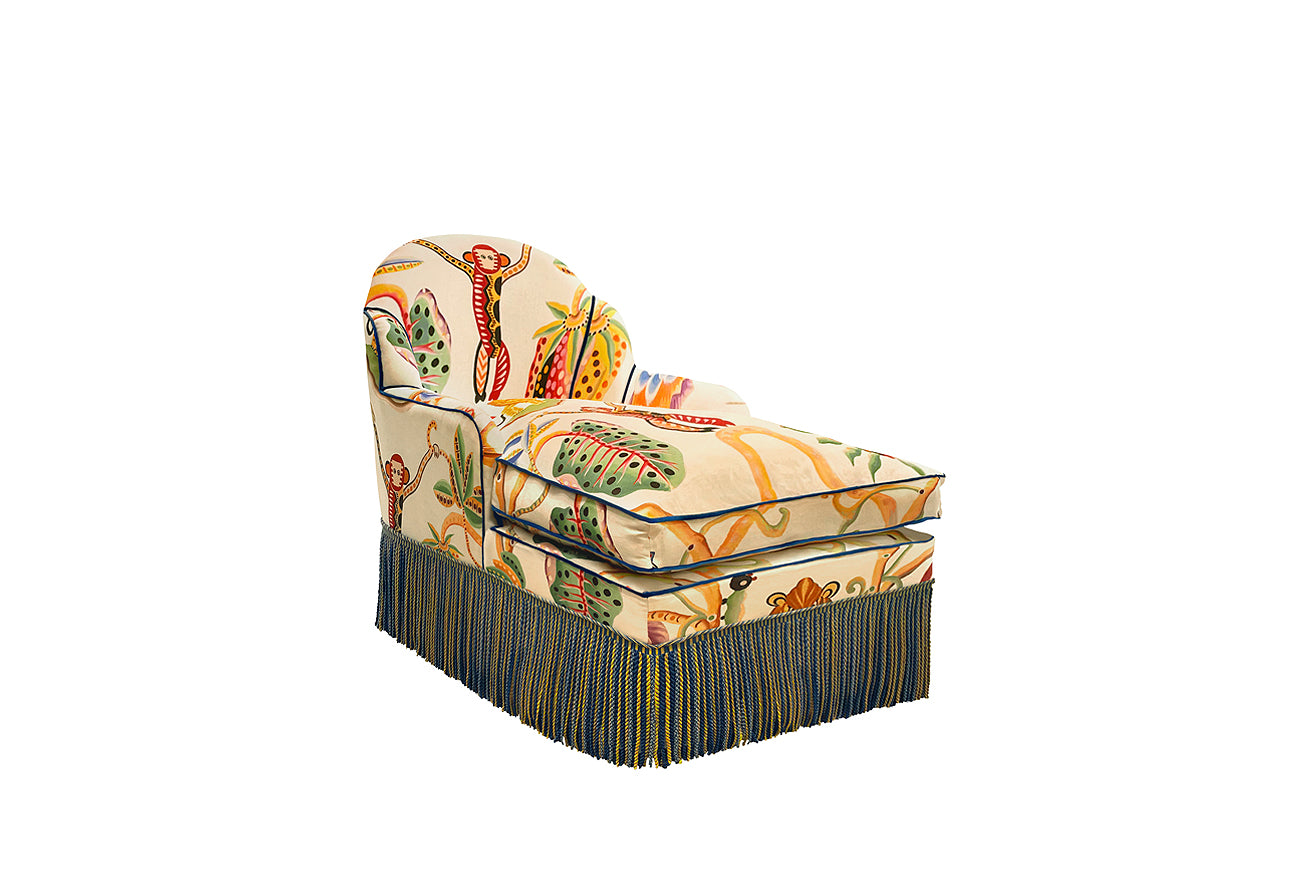 David Seyfried Editor's Chaise Grand Scallop in Clarence House Jembala Print Original fabric with Turnell & Gigon Oakley Navy Blue velvet piping and Les Passementaries de I'le de France Paon bullion fringe
