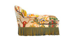 David Seyfried Editor's Chaise Grand Scallop in Clarence House Jembala Print Original fabric with Turnell & Gigon Oakley Navy Blue velvet piping and Les Passementaries de I'le de France Paon bullion fringe. Side view 