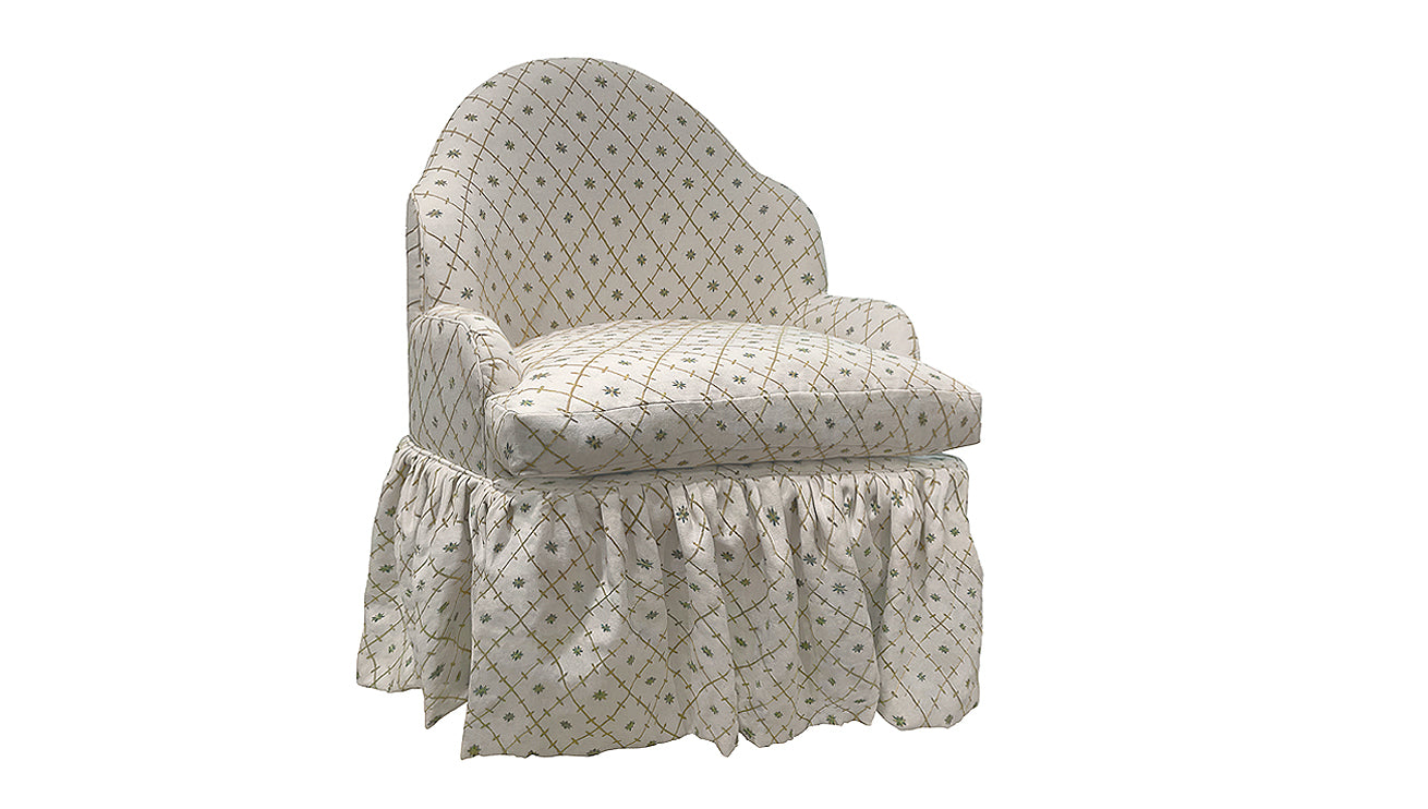 David Seyfried The Editor's Chair Grand on a swivel base with skirt, in Paris Lapres-Midi Allee Maintenon fabric