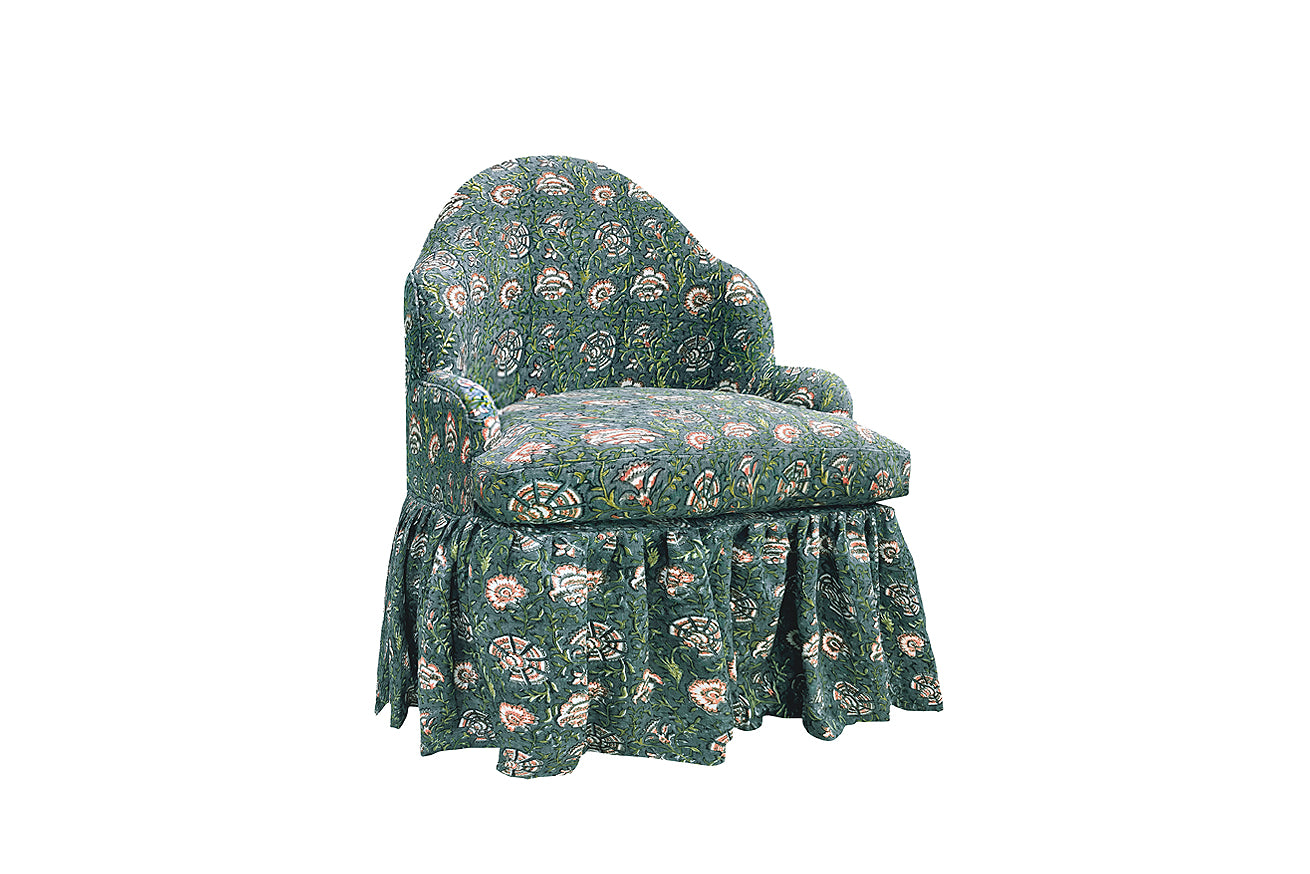 David Seyfried The Editor's Chair Grand on a swivel base with skirt in Nisa Niva fabric