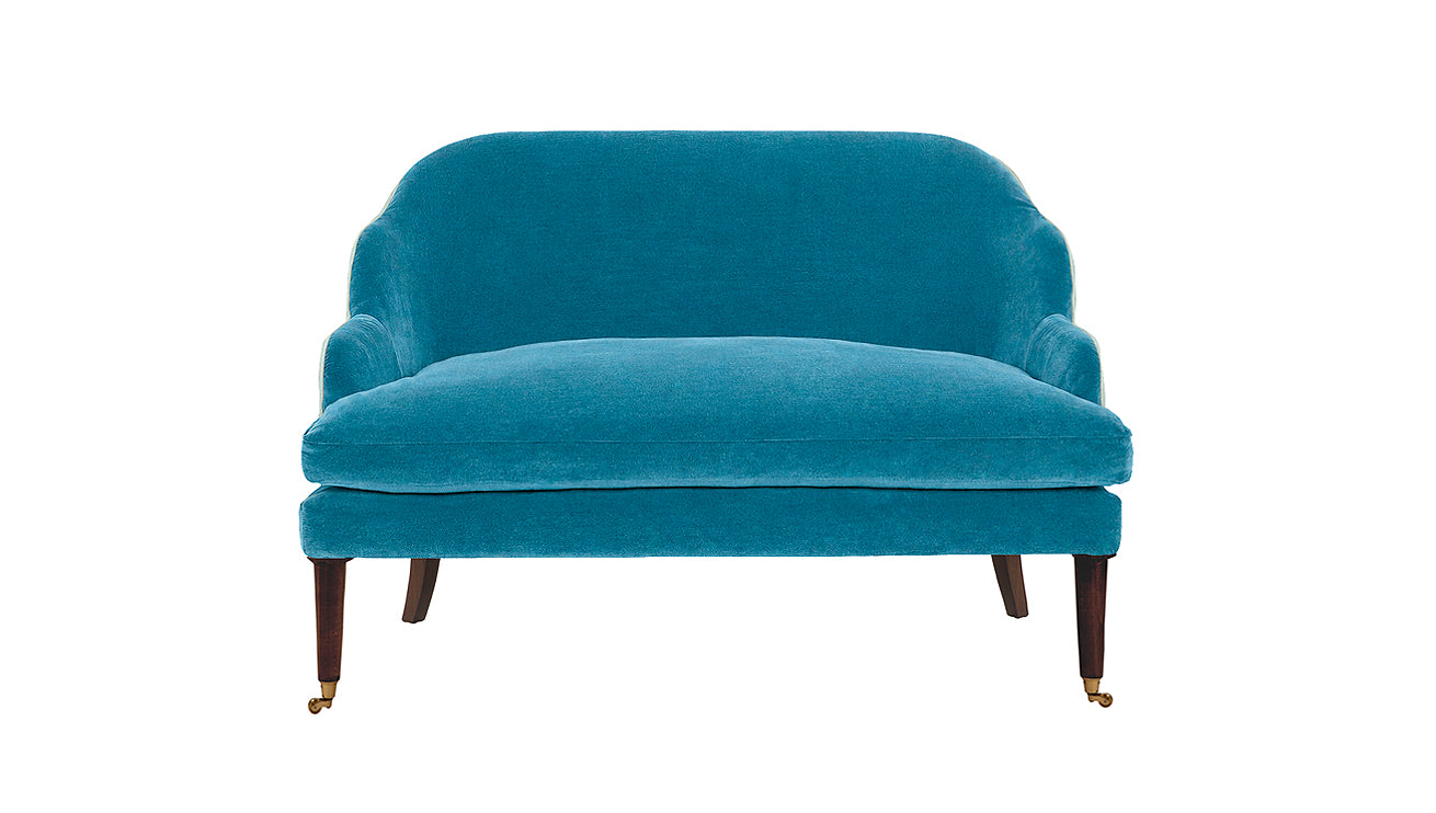 David Seyfried Editor's Sofa in Schumacher Empress Velvet in Cadet with piping in Schumacher Alistair Velvet in Mineral. Showroom Clearance