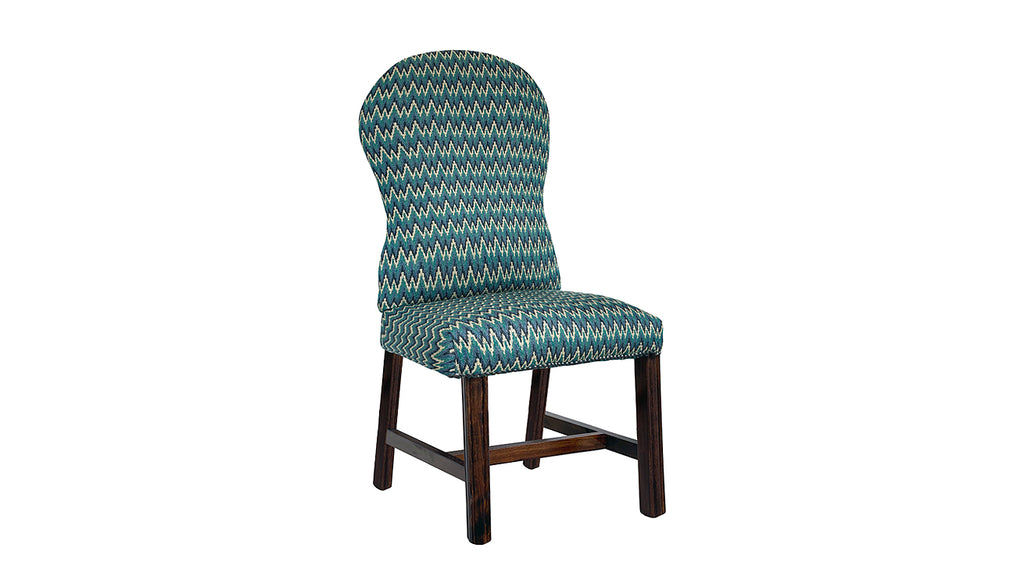 David Seyfried Eldon Dining Chair with Stretchers in Patrick Gallagher Vetta Arezzo fabric