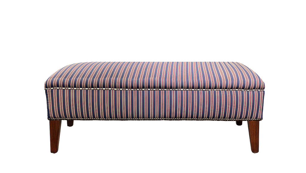 David Seyfried Eldon Stool in Lelievre Houlgate Encor fabric with Lelievre Houlgate Chilienne piping and a single row of antiqued brass nails around base