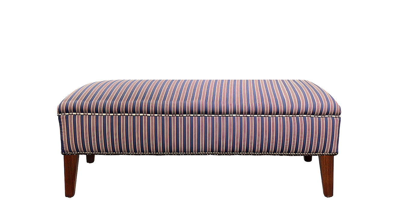 David Seyfried Eldon Stool in Lelievre Houlgate Encor fabric with Lelievre Houlgate Chilienne piping and a single row of antiqued brass nails around base