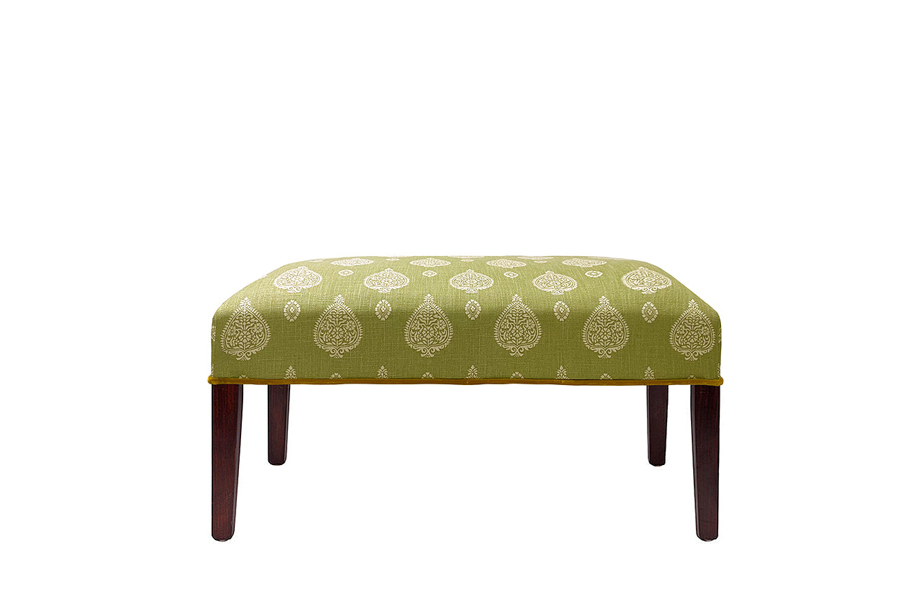 David Seyfried Georgian Style Stool in Design Archives Malaya Sage fabric with Design Archives Opera Honey Velvet piped trim. Showroom Clearance.